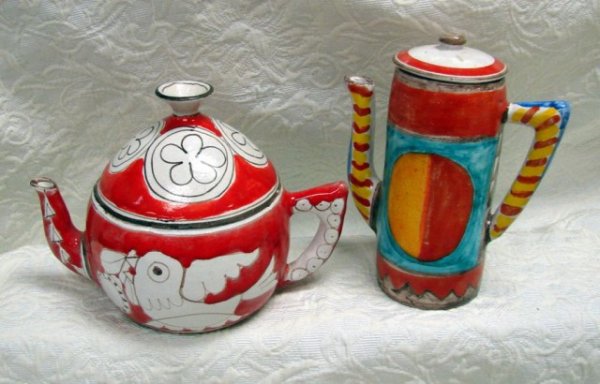 DeSimone Pottery - Teapot & Coffee Pot with Lids: DeSimone Pottery Teapot with id and Coffee Pot 8" with lid. Individually hand crafted and hand painted with unleaded colors, De Simone pottery adds cheerful flair and style to any environment. We see 
