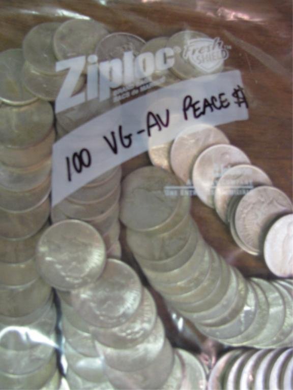 Bag of 100 Peace Silver Dollars VG-AU: Bag of 100 Peace Silver Dollars VG-AU