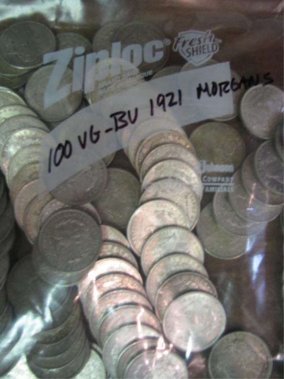 Bag of 100 1921 Morgan Silver Dollars VG-BU: Bag of 100 1921 Morgan Silver Dollars VG-BU