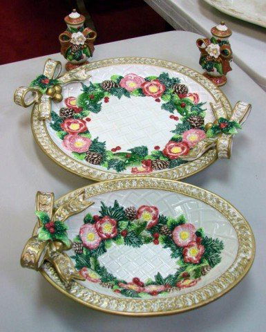 Fitz & Floyd Christmas Platter, oval bowl, S&P: Fitz & Floyd Christmas Platter 12 1/2" dia., oval bowl 9" long, and matching salt and pepper shakers. No chips or cracks.