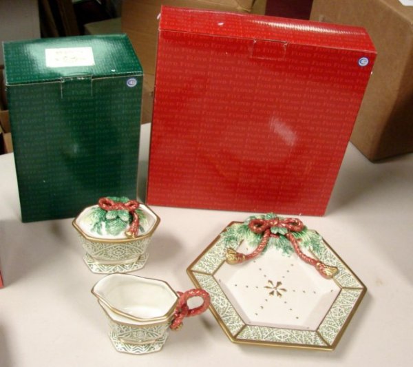 Fitz & Floyd Winter Holiday Plate, Sugar & Creamer: Fitz & Floyd Winter Holiday Plate and matching Sugar & Creamer; new in original box.