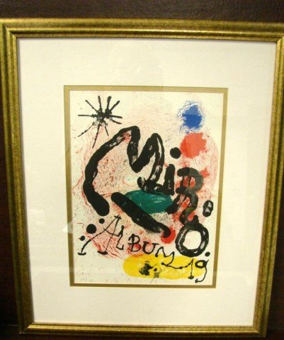 Signed Lithograph Joan Miro: Framed in gold wood and double matted, Signed Lithograph by Joan Miro, #35 of 50, piece is 8 1/2" x 11 1/2", framed 19 1/2" x 16 1/2".