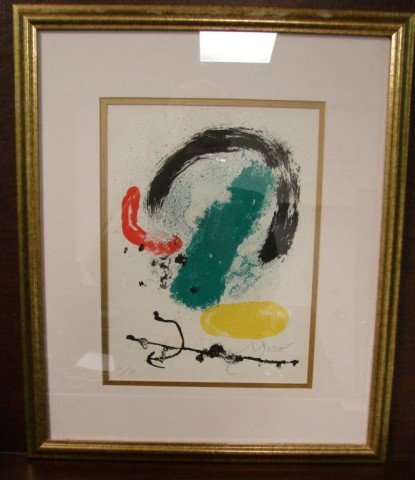Signed Lithograph Joan Miro: Framed in gold wood and double matted, Signed Lithograph by Joan Miro, #35 of 50, piece is 8 1/2" x 11 1/2", framed 19 1/2" x 16 1/2".