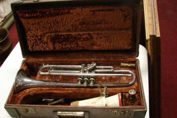 Vintage trombone with original case circa 1910: Vintage trombone with original case, inscribed on trumpet is Hickernell Solo Trumpet Warren Ohio