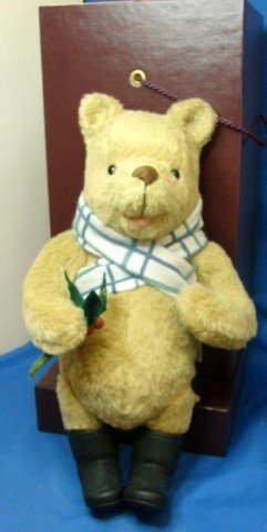 R. John Wright Holiday Winnie-the-Pooh 13" tall: R. John Wright Holiday Winnie-the-Pooh 13" tall with original box; purchased at the Teddy Bear & Doll Convention in 1997, with Disney pin, never displayed. Mint condition.