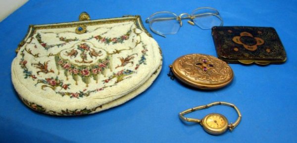Vintage Beaded Purse, Coin Purse, Eye Glasses ++: Vintage lot consisting of a beaded purse with a chain handle and a lapis lazuli closer, 12 kt gold framed eyeglasses, coin purse, copper photo holder decorated with purple stones, Lady's watch.