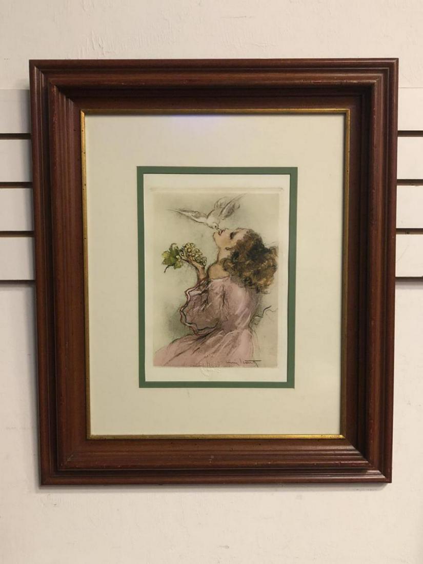 Louis Icart Framed Print Girl with Grapes & Dove: Louis Icart Framed Lithograph Print "Girl with Grapes & Dove", has the Atelier embossed mark near the bottom, signed in the plate, is double matted in a wood frame, and has an overall size of 22" x 26