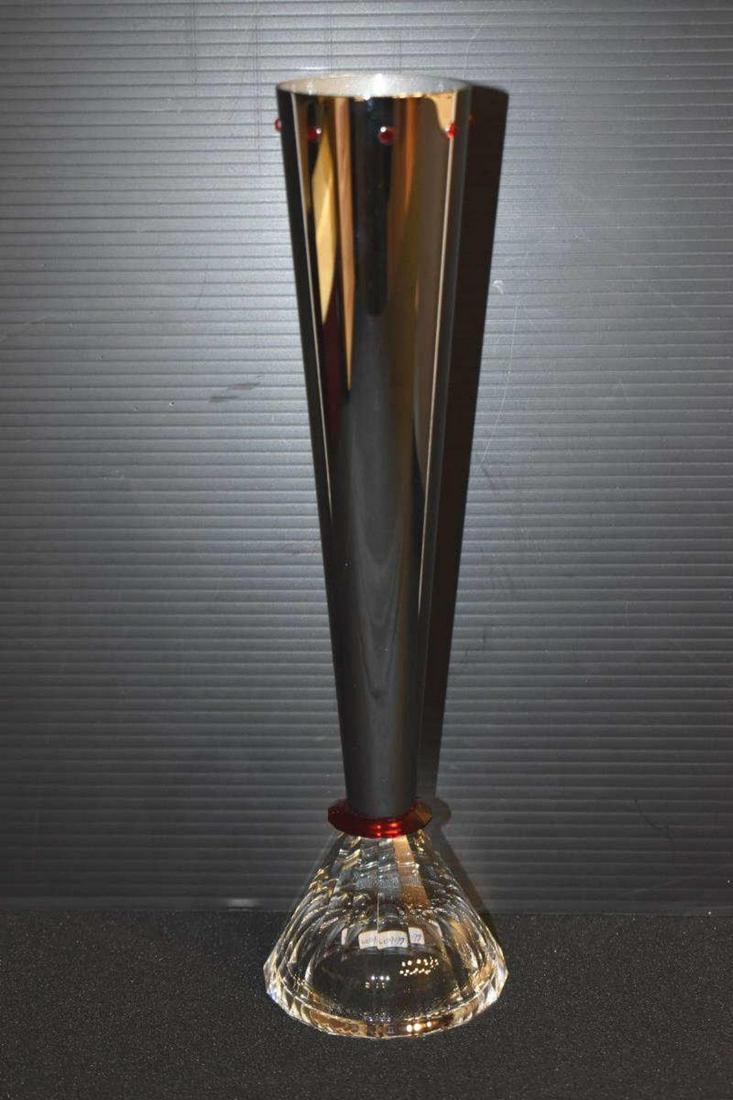 Swarovski "Gemini" Vase: Swarovski "Gemini" Vase. Designed by Borek Sipek. Polished metal body with faceted base, red collar and red studded top, 10"h., with original box, packaging and papers.