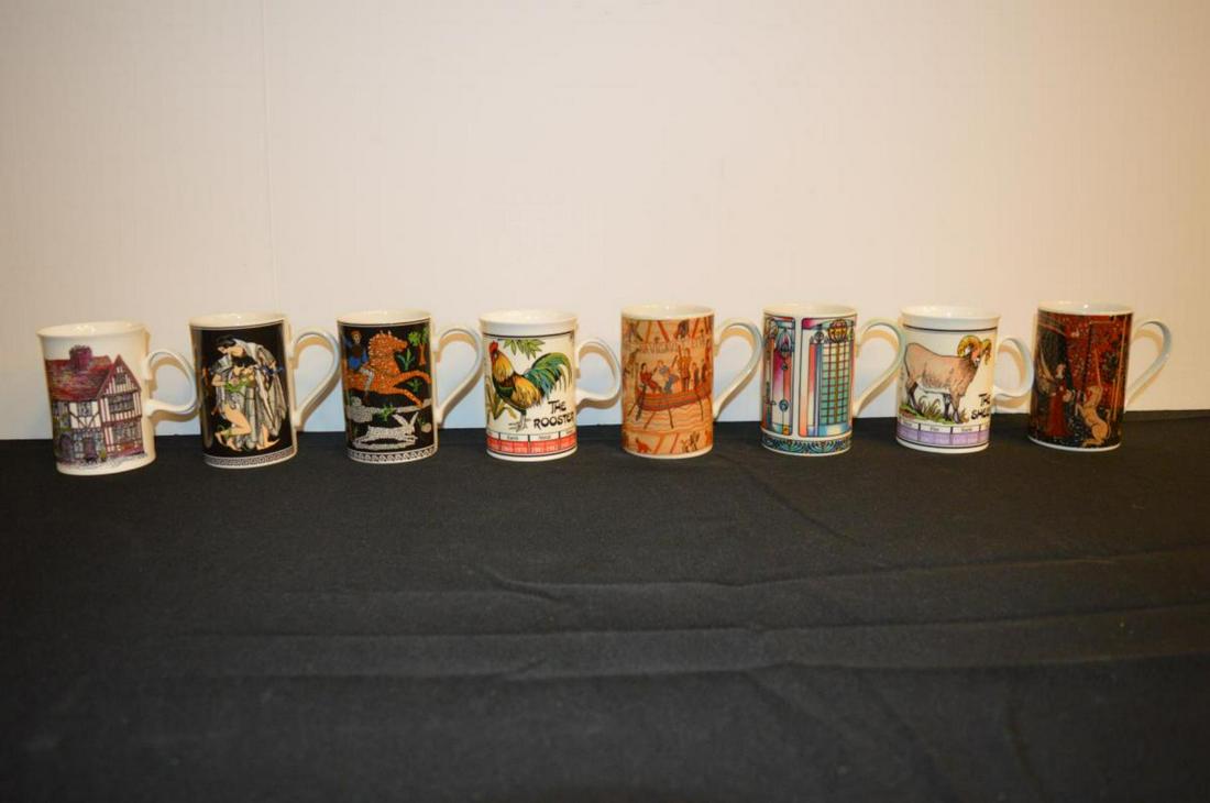 Eight Dunoon Stoneware/Bone China Mugs: Eight Dunoon Stoneware/Bone China Mugs. Colorful, Scottish made mugs. Two pertaining to Chinese Astrology, two pertaining to ancient civilizations and four pertaining to classical art, 4 1/4"h.
