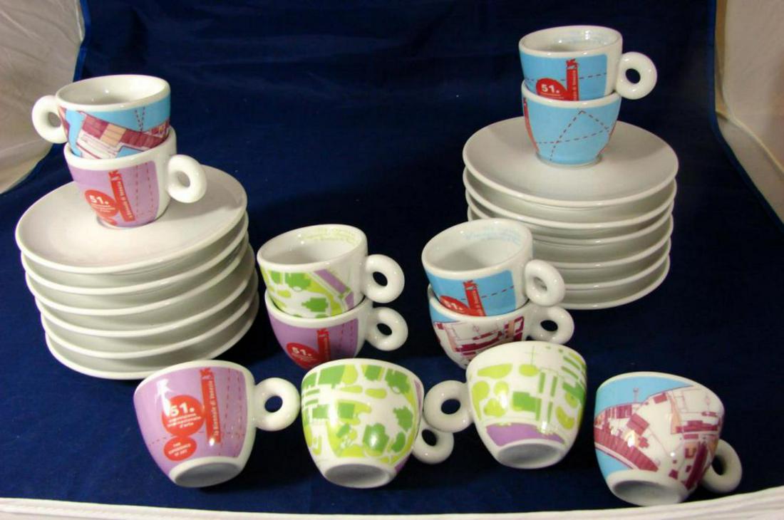 Illy Espresso Set 51st Int'l Art Exposition Venice: Illy Espresso Set 51st Int'l Art Exposition Venice, 12 cups, 12 saucers. "51 esposizione internazionale d'arte in Biennale di Venezia" written in each cup.