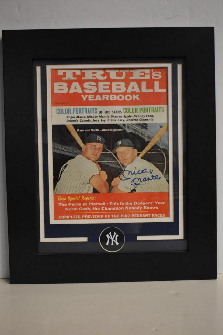 Mickey Mantle Autographed Magazine: Mickey Mantle Autographed Magazine 1962 True Baseball "Which is Greater" JSA certificate. Displayed in a custom Yankees frame, 14 1/2" x 17 1/2".
