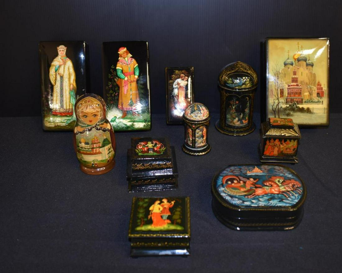 Large Collection of Russian Black Lacquer Items: Large Collection of Russian Black Lacquer Boxes & Gazebo Boxes & Nesting Doll. A wonderful decorators accumulation including 7 hinged lidded boxes, 2 gazebo boxes, 1 removable lid box & 1 nesting doll