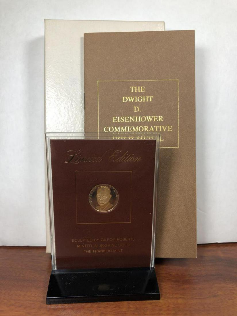 Dwight Eisenhower Commemorative Gold Proof Medal: Dwight Eisenhower Commemorative Gold Proof Medal, minted by The Franklin Mint, this proof struck medal is .500 gold, and is accompanied with its original packaging including booklet with COA, plastic
