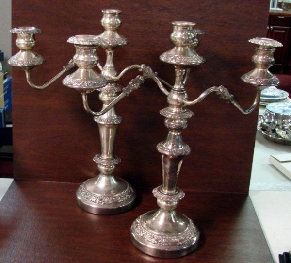 18" tall Pair Silver Plate 3-Arm Candelabra: 18" tall Pair Silver Plate 3-Arm Candelabra, removable bobeches.