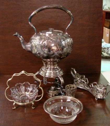 Antique Silver Plate Teapot on Warming Stand ++: Antique Silverplate Teapot on Warming Stand, small vintage bowl decorated , and a silver plate spoon holder.