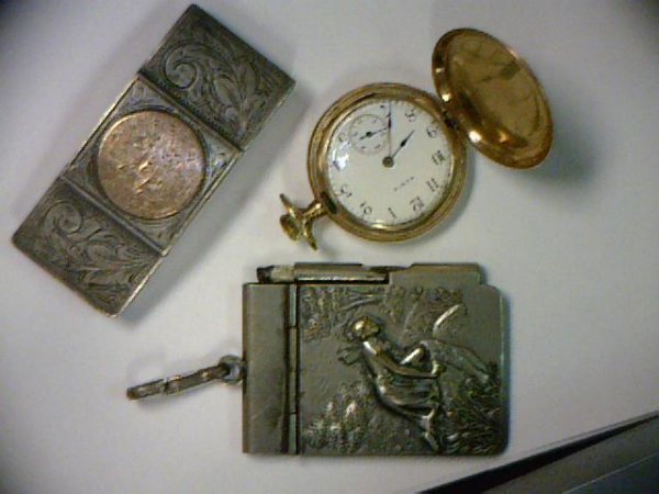 14kyg Elgin pocket watch,notepad,belt buckle: Small 14kyg Elgin pocket watch with white dial, inset second hand and 15 jewel movement in good running condition along with sterling belt buckle and silver notepad