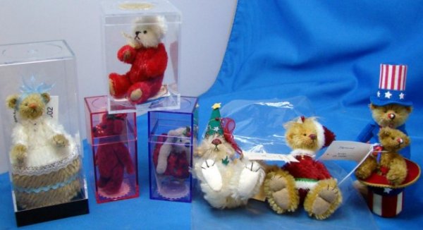 Lot of 9 Deb Canham Ltd. Ed Bears: Lot of 9 Deb Canham bears: 3 Little Gem Teddy Bears, Anni 10th Anniv. Bear, Flump Christmas Bear & Santa Bear, Saint Nick Holiday Bear, and Stars and Stripes Bears.