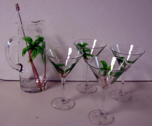 4 Martini Glasses & Pitcher, hand ptd. Palm Trees: 4 Martini Glasses & Pitcher with stirrer decorated with hand painted Palm Trees, no chips or cracks.