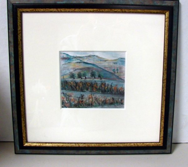 Original Framed Watercolor signed Chloe: Framed Watercolor, 13", by local artist Chloe Hugill, who was born in Portugal and is a member of Lee County Alliance of the Arts. "..an exuberance of rhythm characterizes her style."