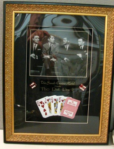 Framed Shadow Box "The Rat Pack" w/dice: Framed under glass shadow box with a photo of the Rat Pack from the Sands Casino Hotel with dice and cards, 32" x 27". Like new.