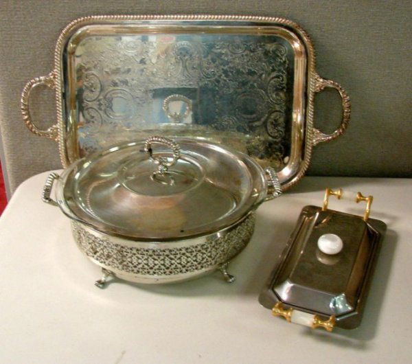 Silver Plate Tray, Chafing Dish & Covered Butter: Silver Plate Tray 20 1/2" x 11" handle to handle, a Chafing Dish with a 3 qt. Pyrex insert, and a Covered Butter with mother of pearl handles.