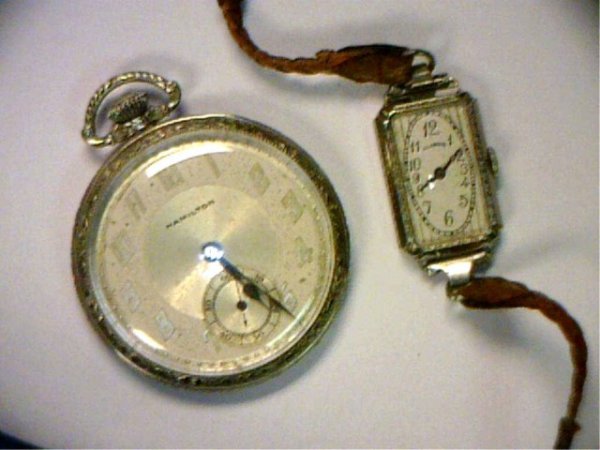 Hamilton pocket watch/Illinois wrist watch: 14kw gold filled open face Hamilton pocket watch 17 jewel and Illinois wrist watch also 17 jewel both in good working condition.