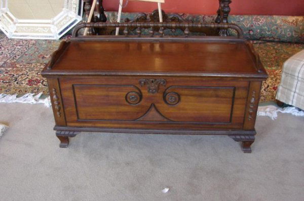 Genuine Carved Front Roos Chest - Cedar Lined: Genuine curbed front ROOS Cedar Lined Chest: Depression Era. Original Labels. 45" x 19" x 20".