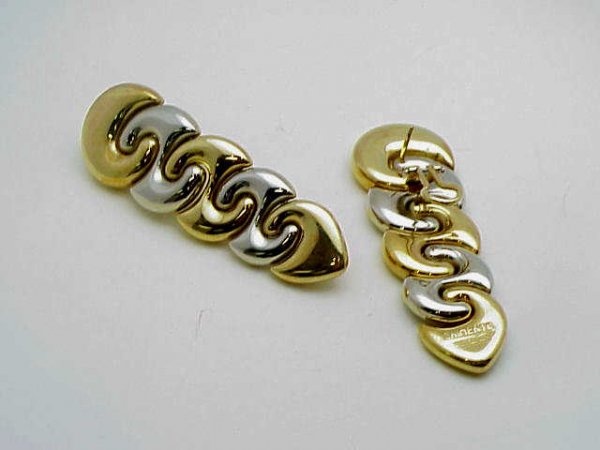 Lady's 18kyg Chimento fashion earrings: Lady's 18kyg 2 tone fashion earrings by designer Chimento weigh 23.6 grams are a contemporary design tapering down 23/4" in length with omega backs.