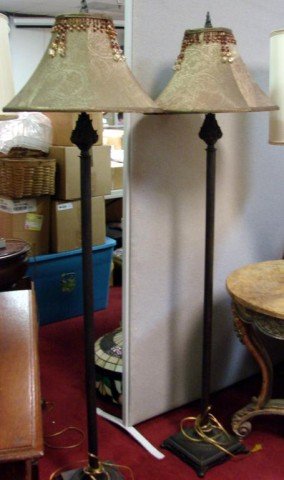 2 Floor Lamps with Bead Trimmed Shades: 2 Floor Lamps with Bead Trimmed Shades
