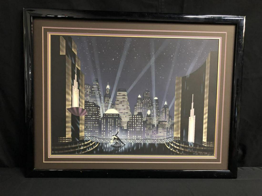 City For Conquest Framed Print by Robert Hoppe: City for Conquest, a framed Print by Robert Hoppe depicting Fred and Ginger dancing in the lower middle of the print. This Art Deco scene by Robert Hoppe, known as an artist, sculptor and a set design