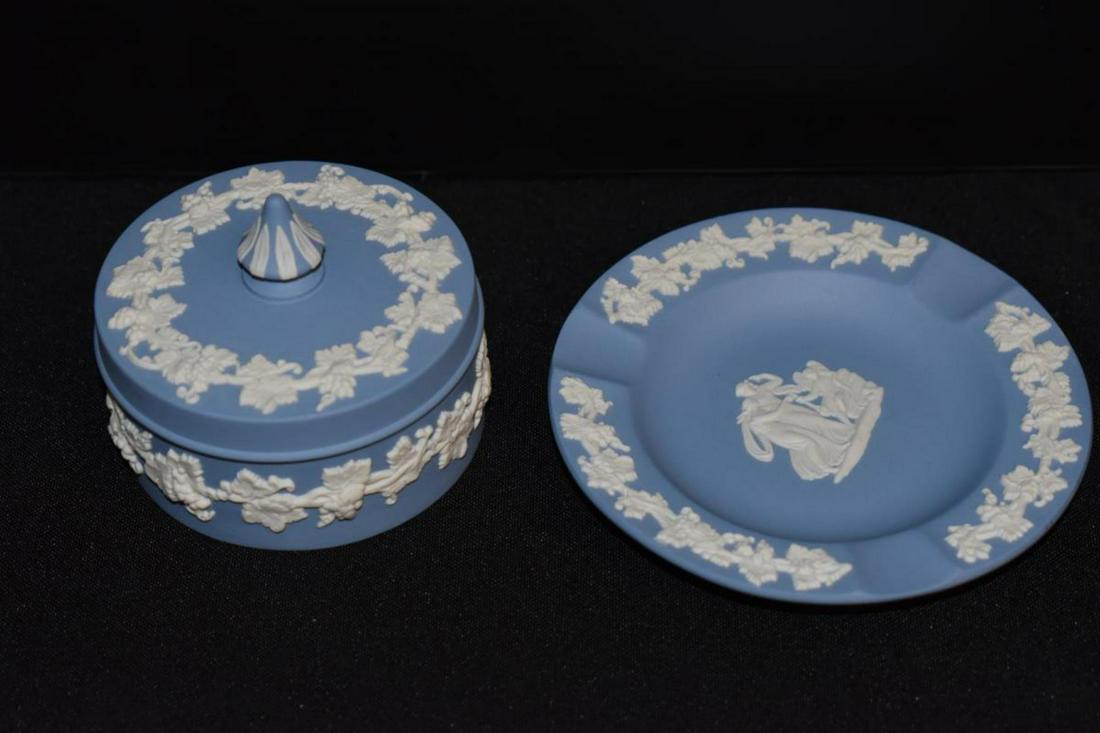 Wedgwood Blue Jasperware Lidded Trinket & Ashtray: Wedgwood Blue Jasperware Lidded Trinket & Ashtray. Both signed Wedgwood Made in England. Excellent condition. The jar is 3 1/8" diameter & 2 3/8" tall. The ashtray is 4 3/8" across. Great vintage Euro