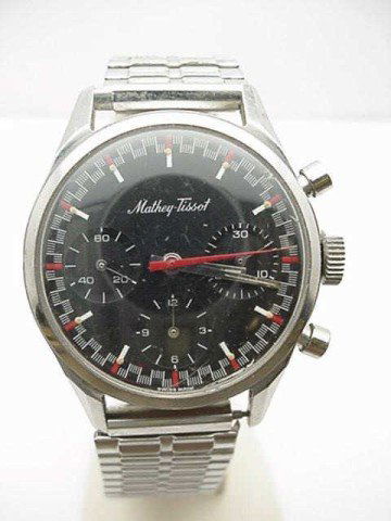 Vintage Mathey-Tissot wrist watch: Man's vintage Mathey-Tissot wrist watch stainless with black dial, three dial insets, stop watch with red hand and twistoflex band.