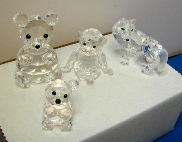4 Swarovski Crystal Figs. 2 Bears, Monkey & Fox: Swarovski bears 2" and 3" tall, monkey 2" tall and standing fox 2 1/2" long, no chips or cracks, no boxes.