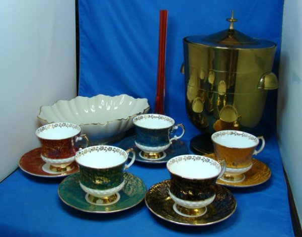 Lenox Bowl, Brass Ice Bucket, 5 Cups & Saucers: Oval Lenox Serving Bowl, brass ice bucket, 5 Elizabethan Cups & Saucers (one chipped cup foot, and a red glass bud vase.