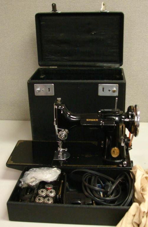 Singer Feather Weight Portable Elec. Sewing Mach.: Singer Feather Weight Portable Electric Sewing Machine In Storage Case w/Handle & Keys For Lock, Circa 1940s, Includes Original Instruction Booklet, Foot Pedal, Buttonholer, Box Of Sewing Machine Atta