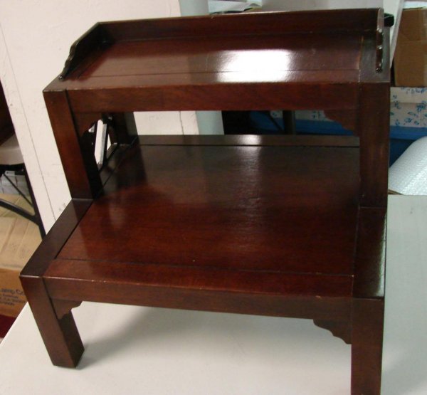 Mahogany 2 step Library or Bed Steps & Teak Mag.: Mahogany 2 step Library Stool, or bed steps, 18" wide x 15" high x 15" deep, and a teak magazine rack.