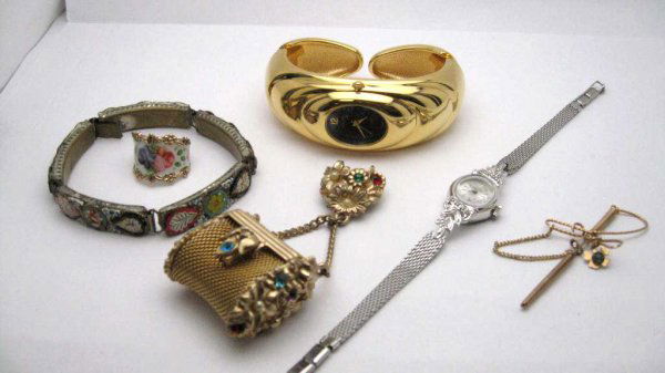 Lot of jewelry Waltham,Gruen,vintage sterling: Lot of jewelry including, lady's Waltham watch, mosaic bracelet, lapel purse pin, sterling and enamel ring, fancy stick pin and Gruen fashion watch never worn.