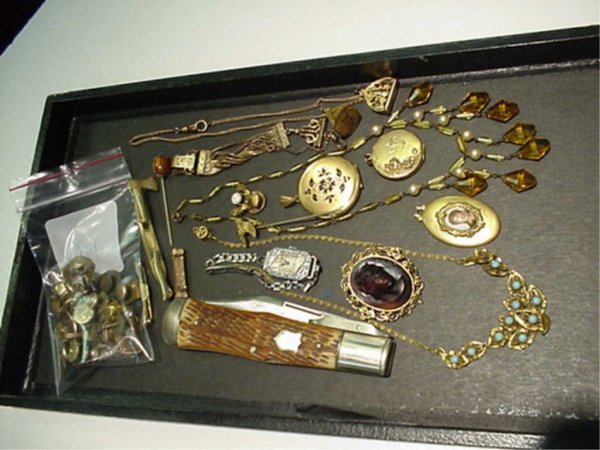 Lot of assorted vintage jewelry/knife: Lot of assorted jewelry including watch fobs, necklaces, lockets, portrait pins,cameo,cuff links,14kwg watch and knife.