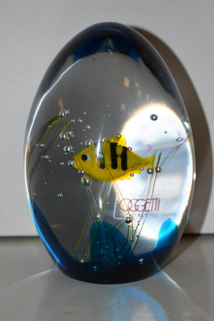Oggetti Murano Paperweight: Oggetti Murano Paperweight. Artist signed for "Eros Raffael" and depicting a yellow fish on the seabed, 5 1/2"h.