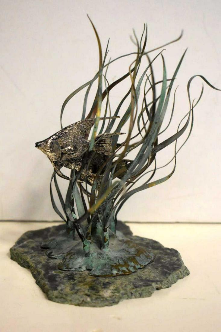 Gregory Higgins Sterling Angel Fish Sculpture COA: Gregory Higgins Signed Sterling Angel Fish Sculpture With Hang Tag COA Number 33 of 750. Sterling angel fish travel through bronze water grasses over a bed of jade. Signed on base backside. "Reflectio