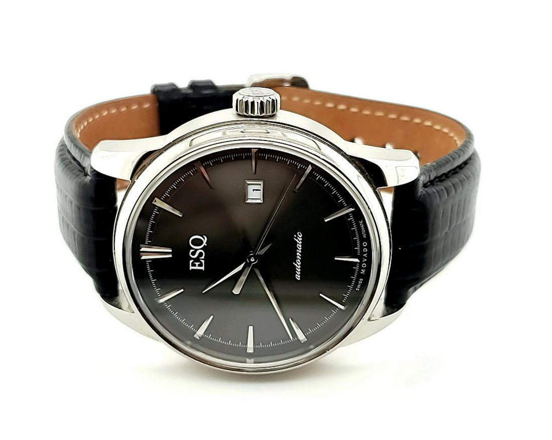 Men's stainless ESQ by Movado automatic watch: MEn's stainless steel ESQ by Movado automatic watch, mosel # 07301373, featuring and stainless steel case, gray dial with stick markers, black leather strap, automatic movement, and sapphire crystal.