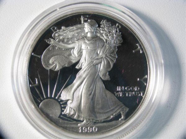 1990 Silver American Eagle Proof with Box & Papers: 1990 Silver American Eagle Proof with Box & Papers