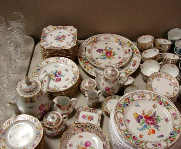 87 pcs. Royal Dresden Flowers China Dinnerware: 87 pcs. Royal Dresden Flowers Dinnerware:12 dinner plates 10", 6 salad plates 8.5", 12 dessert 7.25", 13 bread & butter 6" (1 cracked), 12 cups, 13 saucers, 7.5 bowl, 13" platter, 10" cake plate, coff