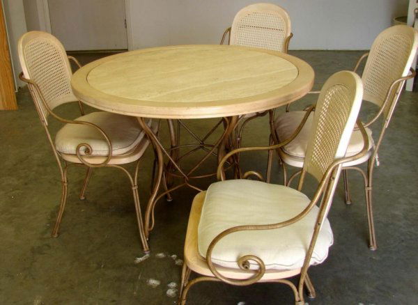Drexel Heritage Marble Top Table & 4 Cane Chairs: Drexel Heritage 40" round dining table with marble top and pewter wrought iron base with 4 matching cane back & seat chairs, in very good condition.