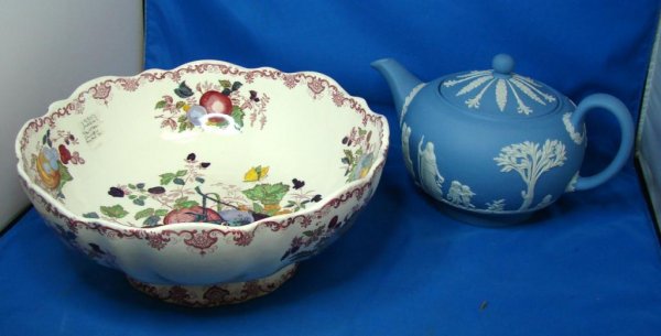 Wedgwood Jasperware Teapot & Mason's Fruit Bowl: Wedgwood Jasperware Teapot, 9" long from handle to spout; small hairline crack in lid; 1930's Ironstone fruit bowl stamped Masons Fruit Basket England, no chips or cracks.