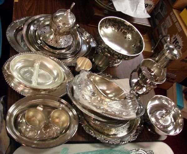 Huge Lot Silver Plate Serving Pieces: Huge Lot Silver Plate Serving Pieces, including large tray, carafe, platters, gravy boat, sugar & creamer, divided dish, etc.