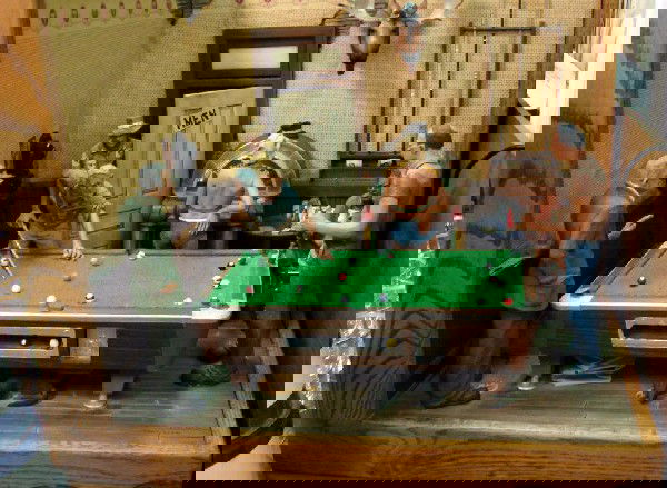 Michael Garmon Citiscape Pool Hall: Michael Garmon Citiscape Pool Hall - 27" x 21" x 24" h, featuring a complete replica of a pool hall including 5 macho pool players - check out the guy ogling the girl in the hot pants!!