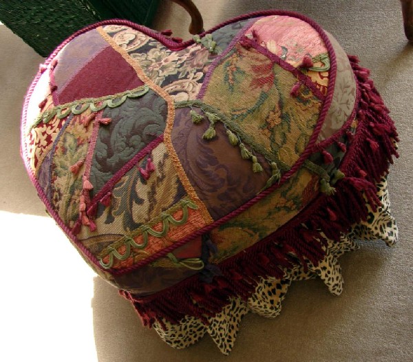 2 McKenzie Childs Ottoman - curved & heart: McKenzie Childs Multi-color Fringed Heart Shaped Ottoman and a curved ottoman