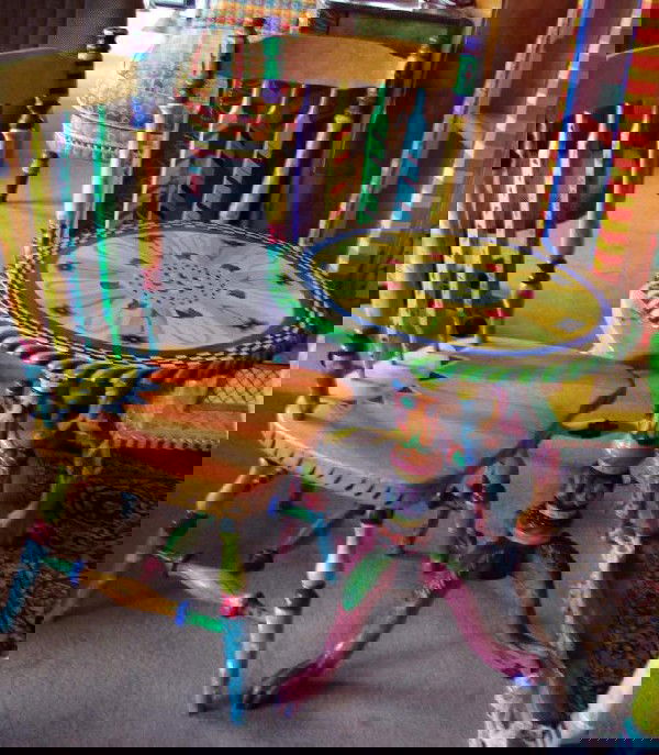 Hand Painted Round Table w/2 Chairs: Hand painted by a local Fort Myers artist, 23" round table with two chairs, some wear on paint.