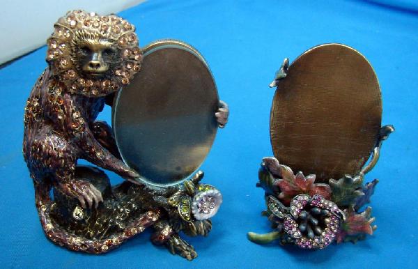 3 Jay Strongwater Picture Frames, Monkey Motif: 3 Jay Strongwater picture frames, monkey is 4 1/2" tall, smallest is 2 1/8" tall.